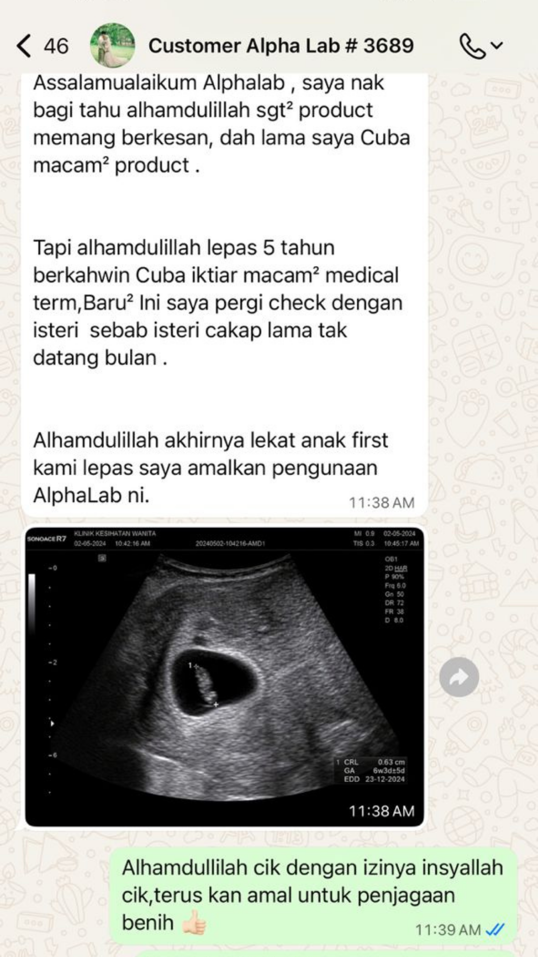 Testimoni WhatsApp AlphaLab - Pasangan TTC