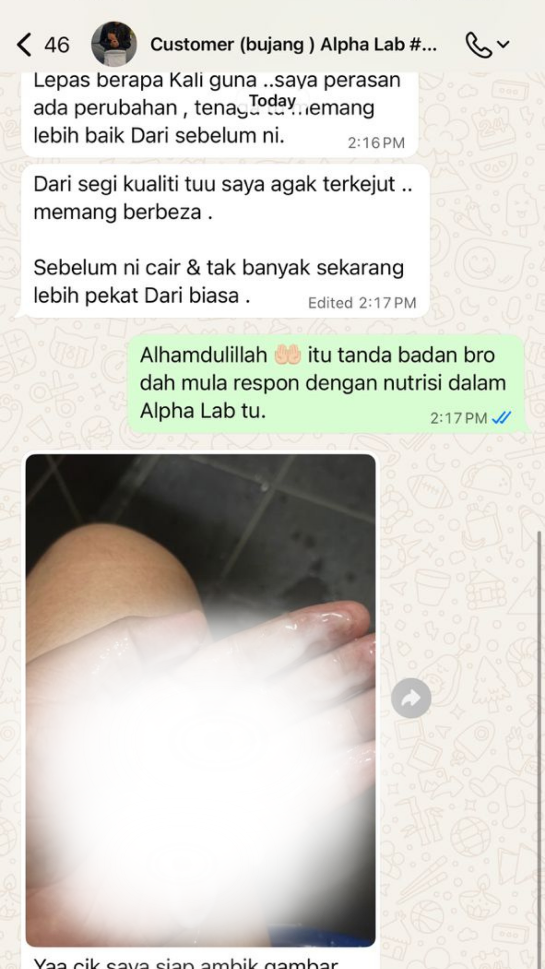Testimoni WhatsApp AlphaLab - Perubahan Kualiti