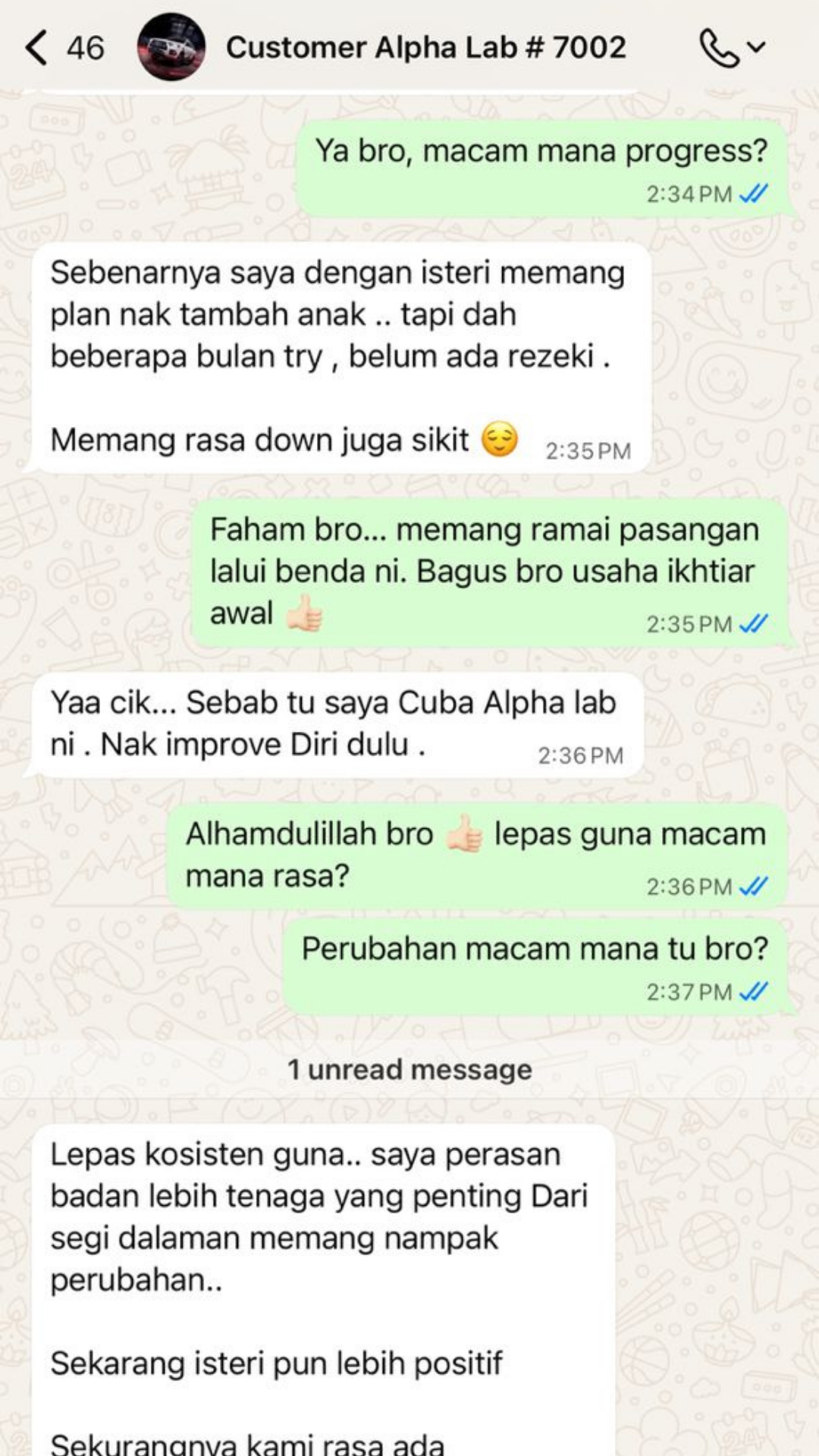 Testimoni WhatsApp AlphaLab - Alhamdulillah Mengandung
