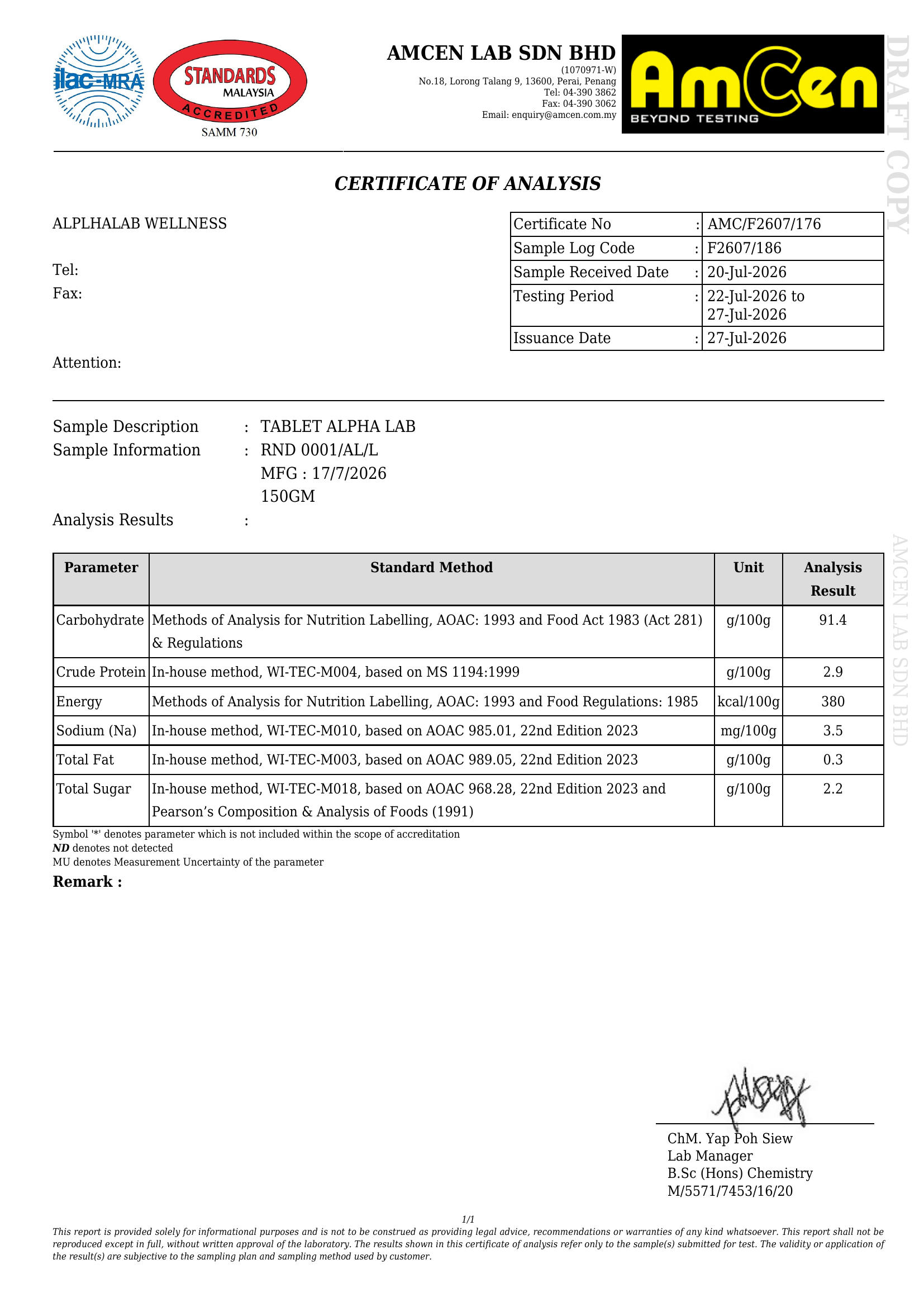 Certificate of Analysis AlphaLab Semen - Amcen Lab